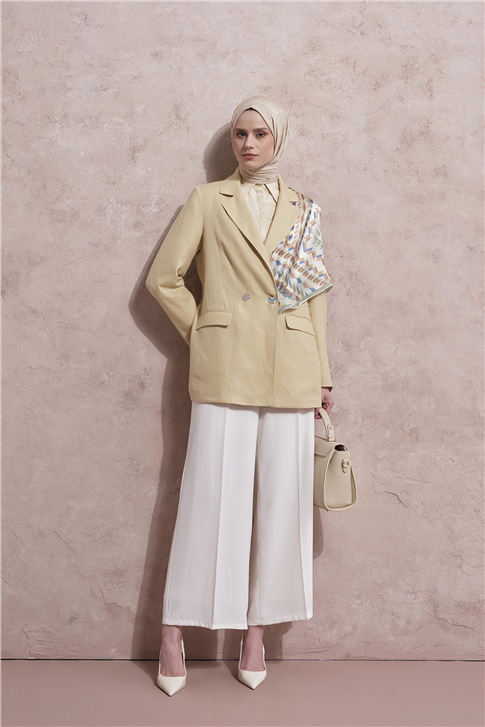 Lastikli Pileli Pantolon Ekru