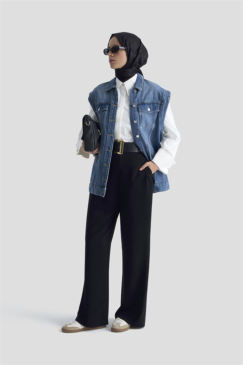 Pileli Palazzo Pantolon Siyah