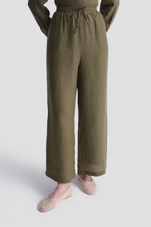 Keten Palazzo Pantolon Haki