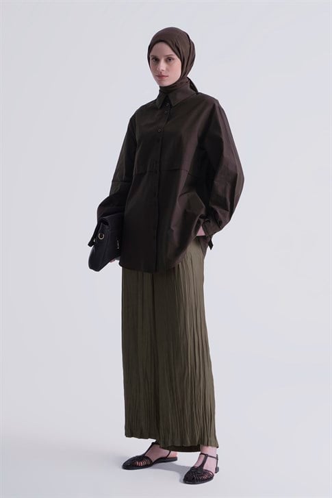 Kırışık Efektli Pantolon Yağ Yeşili