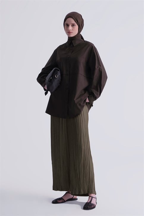 Kırışık Efektli Pantolon Yağ Yeşili