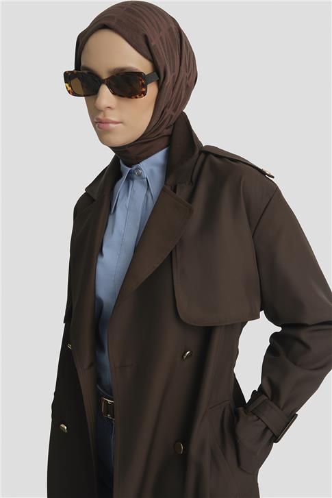 Armine Düğme Detaylı Trençkot Kahve