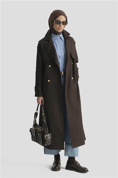 Armine Düğme Detaylı Trençkot Kahve