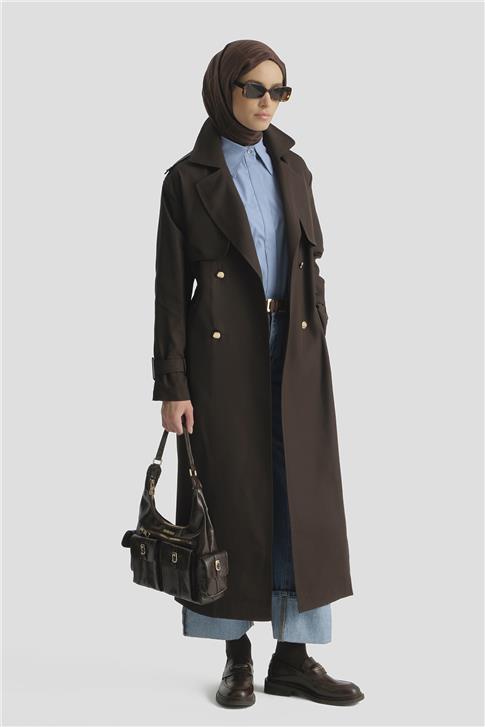 Armine Düğme Detaylı Trençkot Kahve