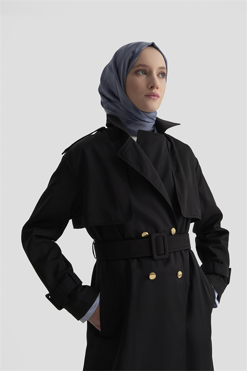Armine Düğme Detaylı Trençkot Siyah