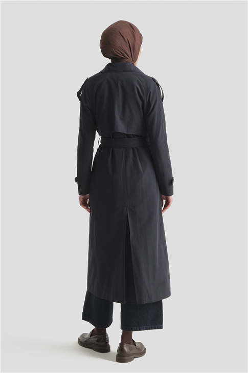 Basic Uzun Trençkot Lacivert