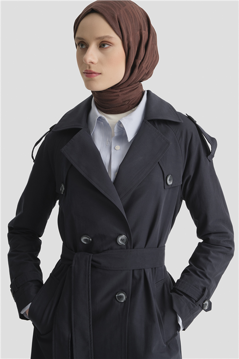 Basic Uzun Trençkot Lacivert