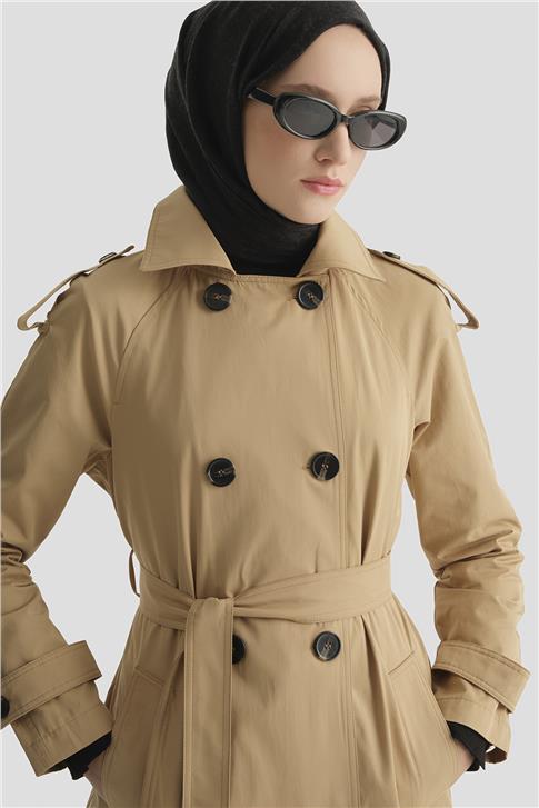 Düğmeli Basic Trençkot Camel