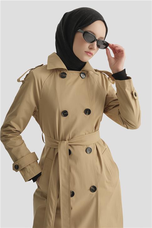 Düğmeli Basic Trençkot Camel