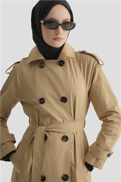 Düğmeli Basic Trençkot Camel