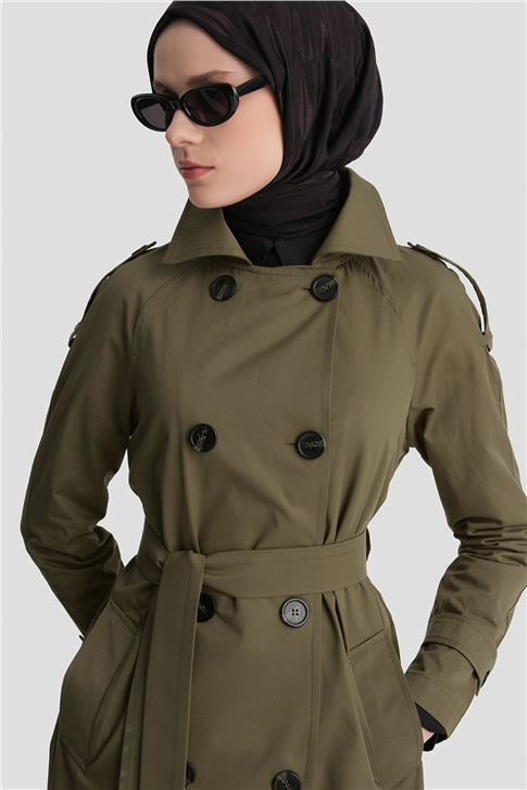 Düğmeli Basic Trençkot Haki