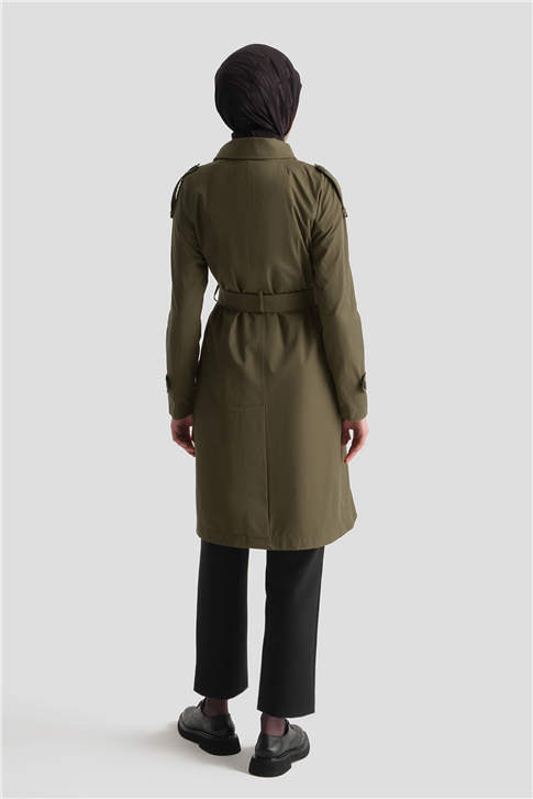 Düğmeli Basic Trençkot Haki