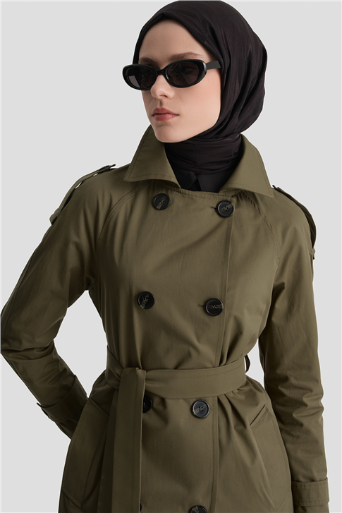 Düğmeli Basic Trençkot Haki