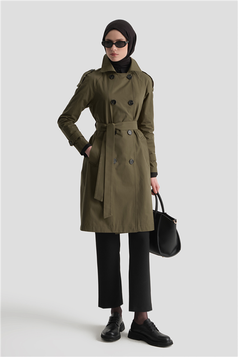 Düğmeli Basic Trençkot Haki
