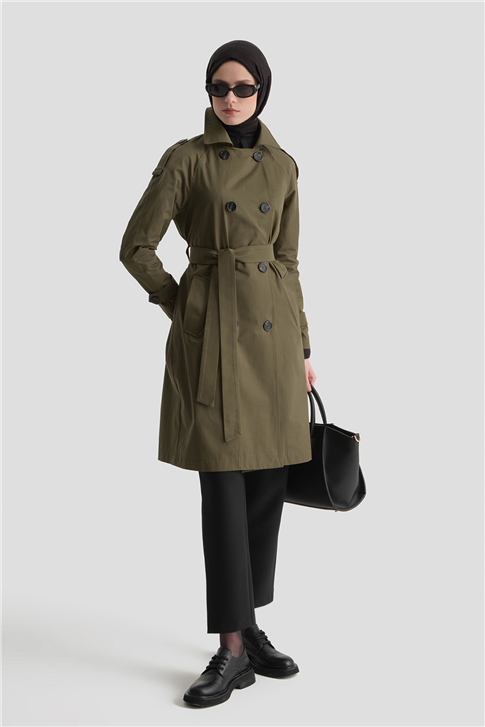 Düğmeli Basic Trençkot Haki