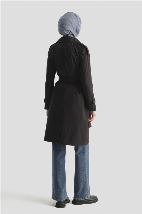 Düğmeli Basic Trençkot Siyah