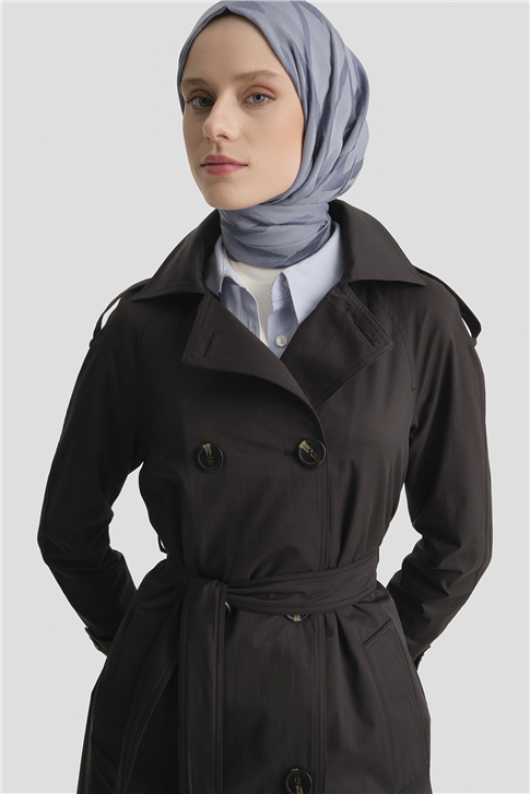 Düğmeli Basic Trençkot Siyah