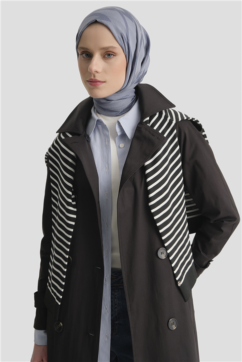Düğmeli Basic Trençkot Siyah