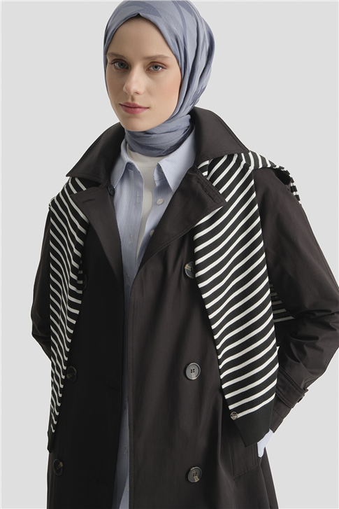 Düğmeli Basic Trençkot Siyah