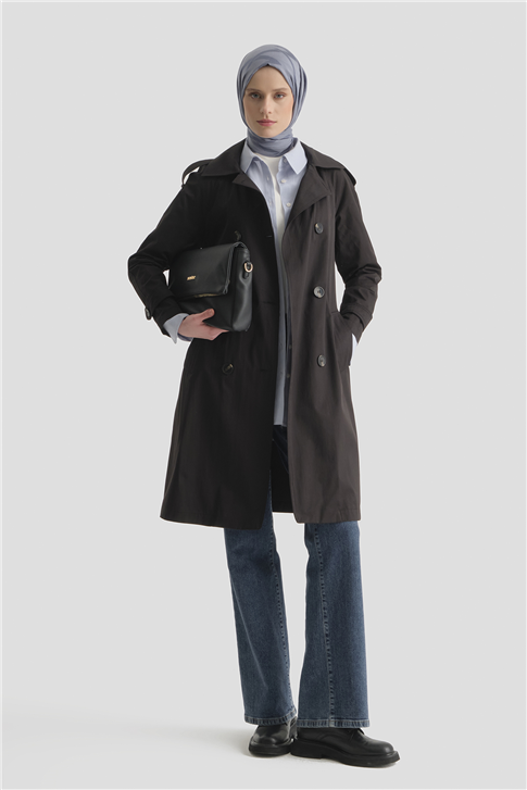 Düğmeli Basic Trençkot Siyah