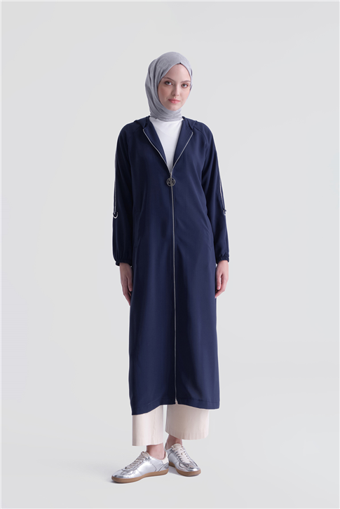 Simli Şeritli Pardesü Lacivert