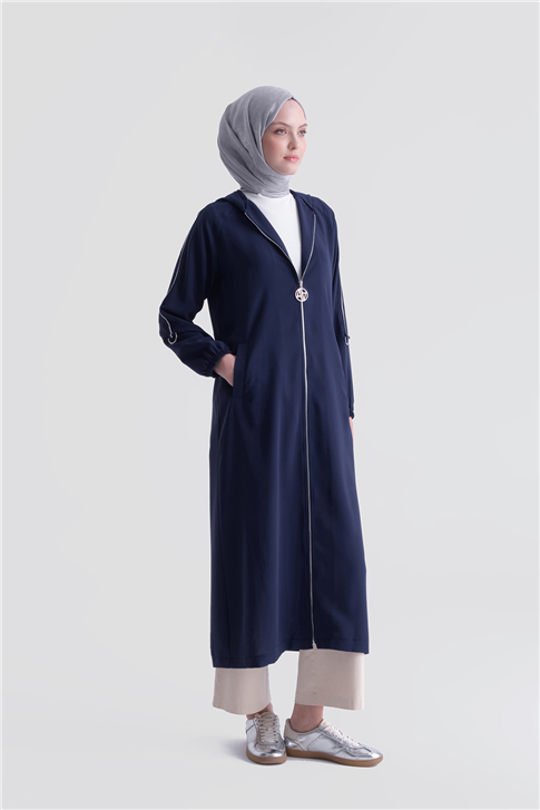 Simli Şeritli Pardesü Lacivert