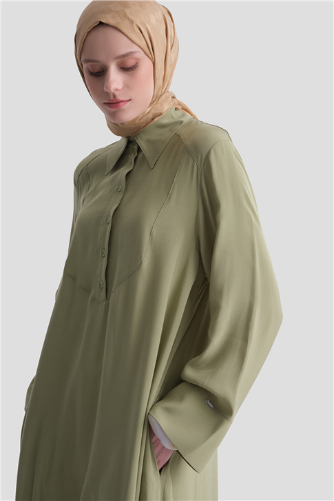 Asimetrik Uzun Tunik Elbise Yağ Yeşili