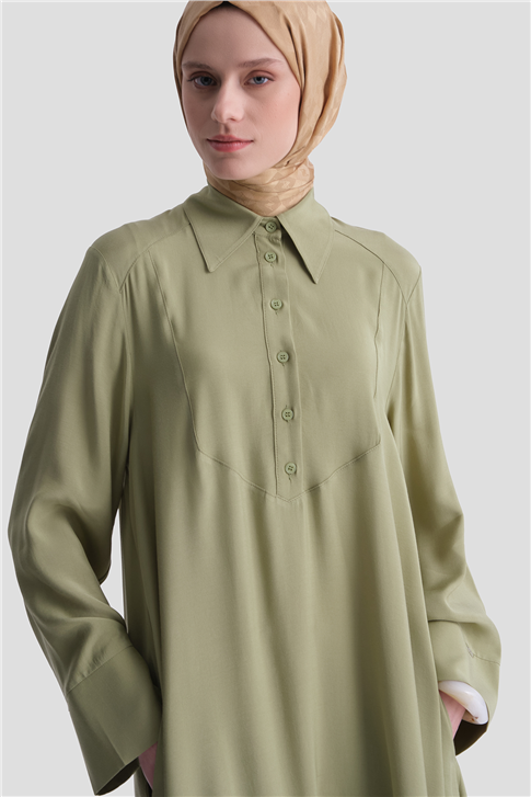 Asimetrik Uzun Tunik Elbise Yağ Yeşili