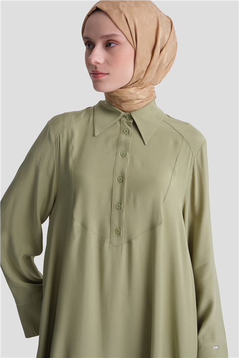 Asimetrik Uzun Tunik Elbise Yağ Yeşili