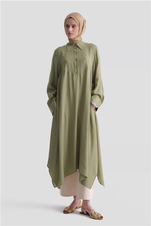 Asimetrik Uzun Tunik Elbise Yağ Yeşili