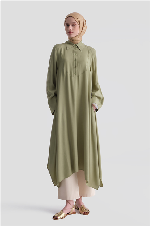 Asimetrik Uzun Tunik Elbise Yağ Yeşili