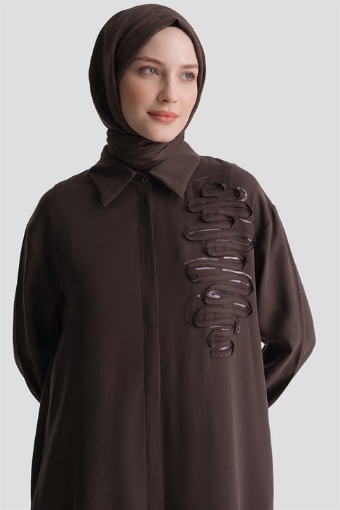 Nakışlı Tunik Elbise Kahve