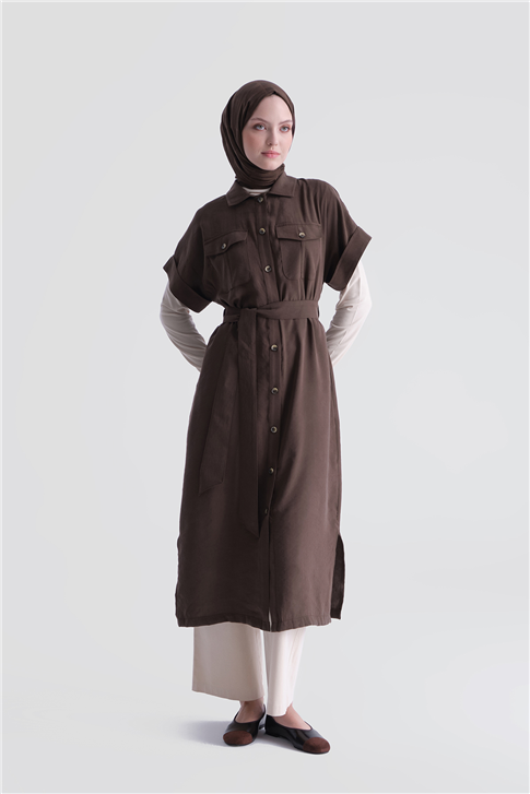 Kemerli Tunik Elbise Kahverengi