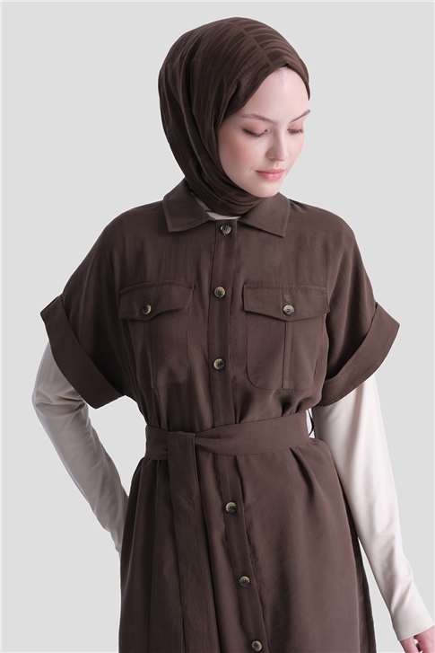 Kemerli Tunik Elbise Kahverengi