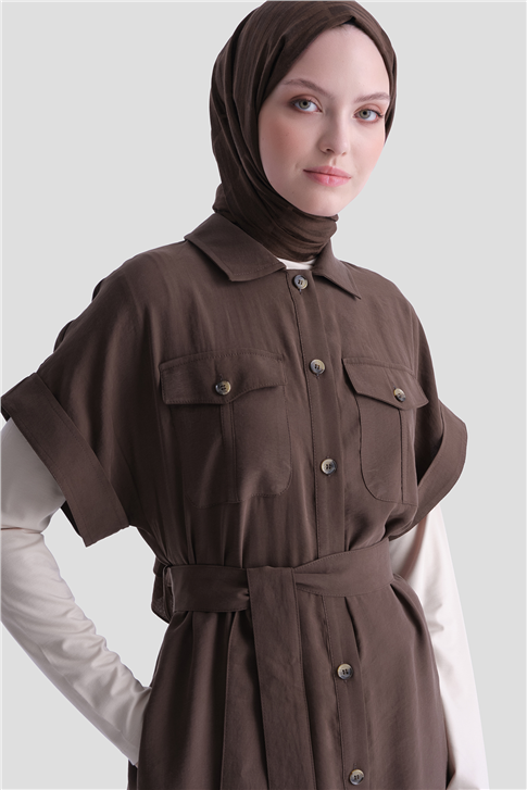 Kemerli Tunik Elbise Kahverengi