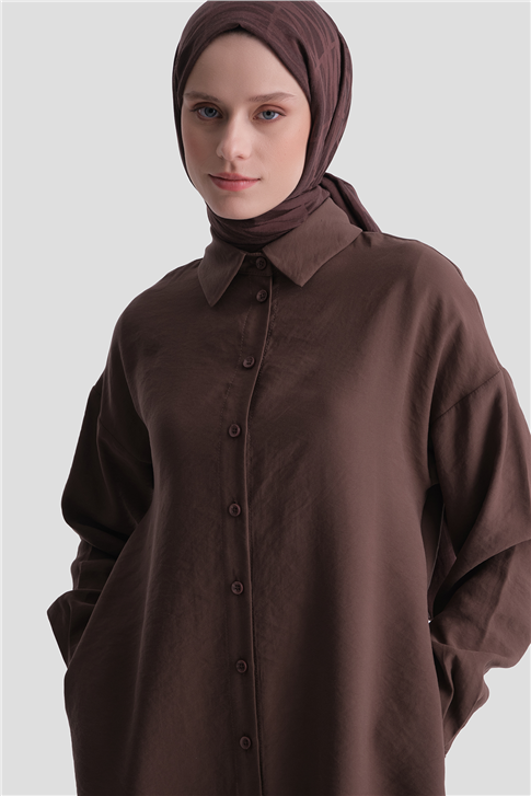 Arkası Nakışlı Tunik Elbise Kahverengi