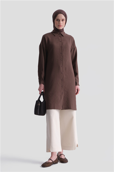 Arkası Nakışlı Tunik Elbise Kahverengi