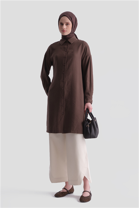 Arkası Nakışlı Tunik Elbise Kahverengi