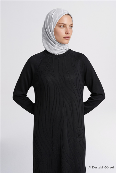 Jakar Desenli Triko Tunik Elbise Siyah 