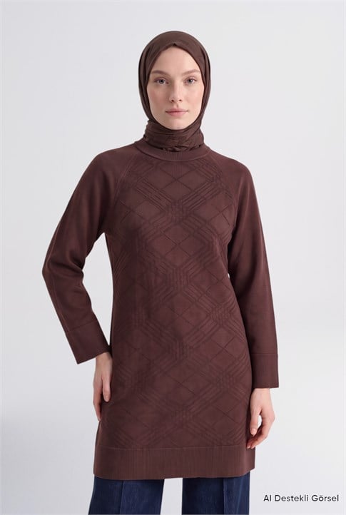 Ekose Triko Tunik Elbise Acı Kahve 