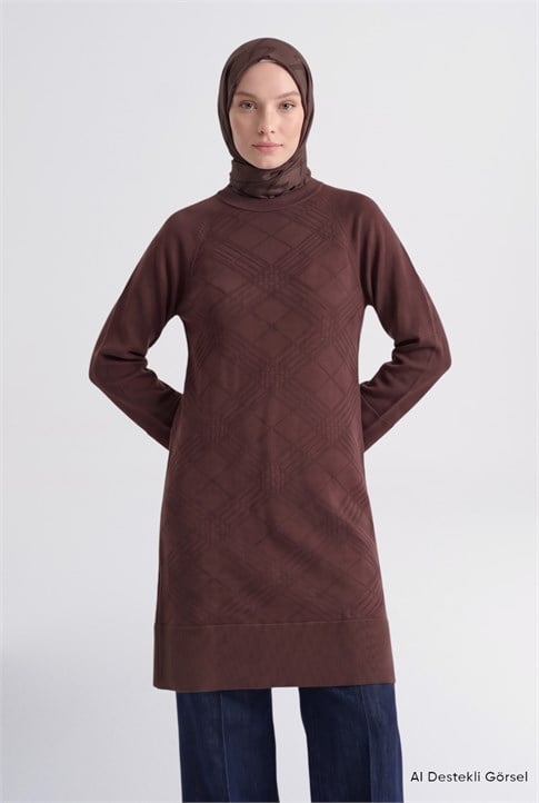 Ekose Triko Tunik Elbise Acı Kahve 