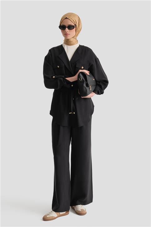 Beli Büzgülü Kupra Takım Siyah