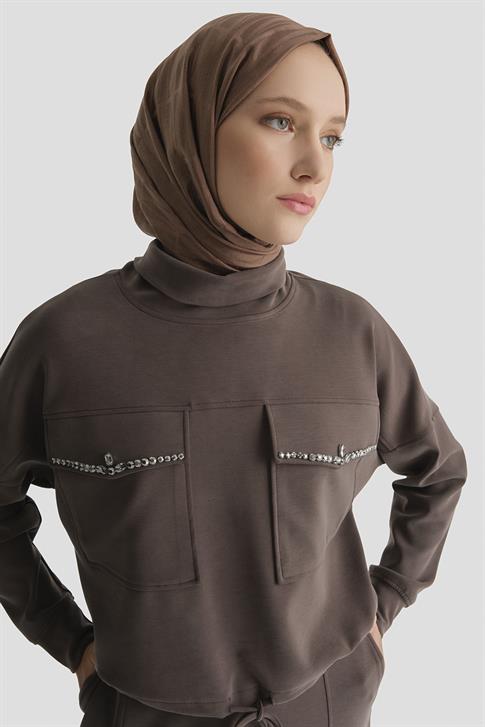 Taş İşlemeli Örme Takım Acı Kahve