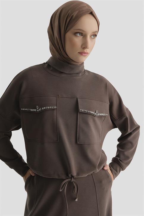 Taş İşlemeli Örme Takım Acı Kahve