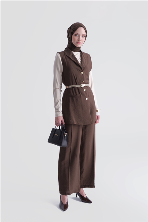 Kemerli Yelekli Takım Kahverengi