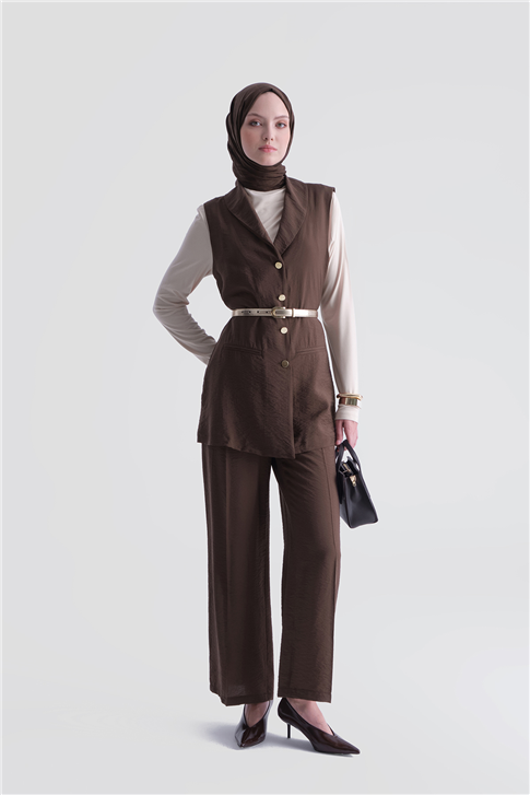 Kemerli Yelekli Takım Kahverengi