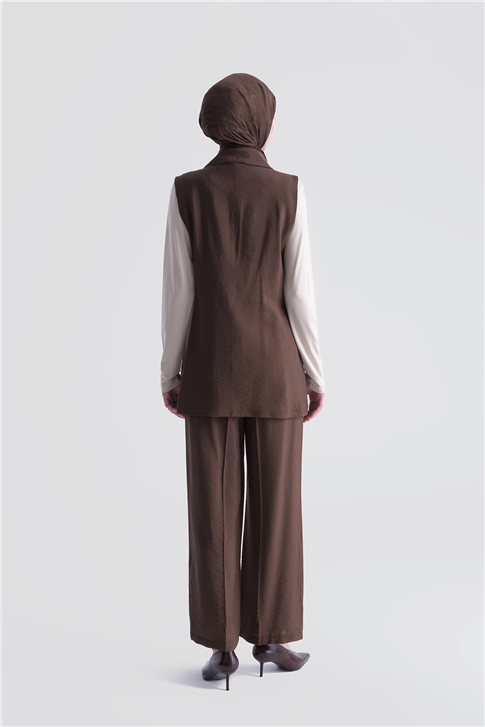 Kemerli Yelekli Takım Kahverengi
