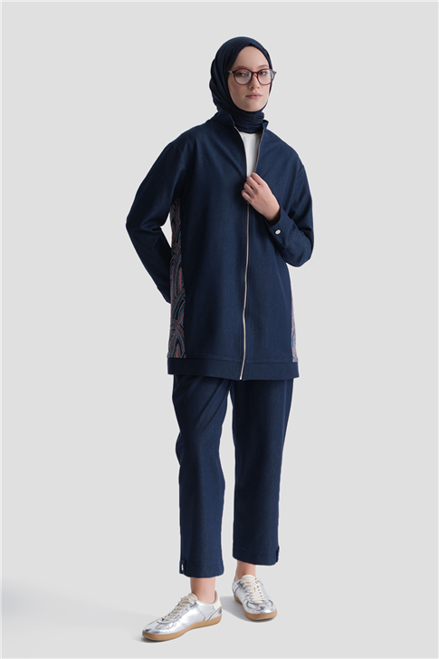 Desenli Denim Ceketli Takım Lacivert