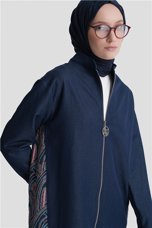 Desenli Denim Ceketli Takım Lacivert