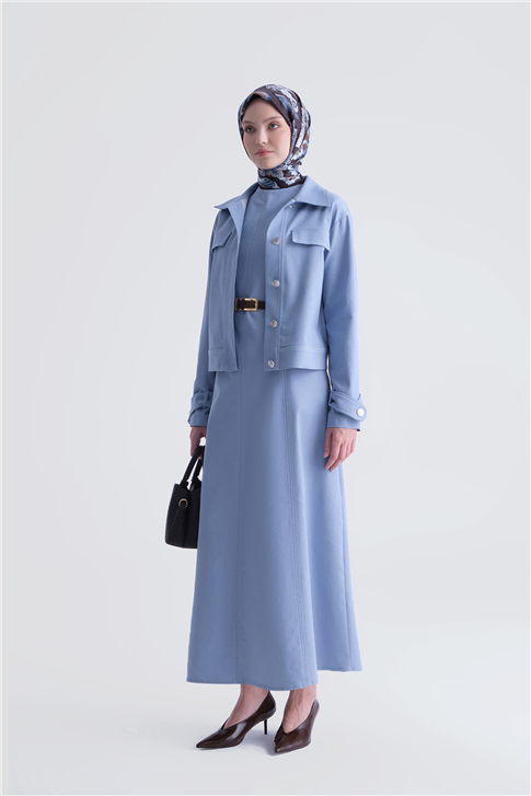 Denim Ceketli Elbise Takım Buz Mavi